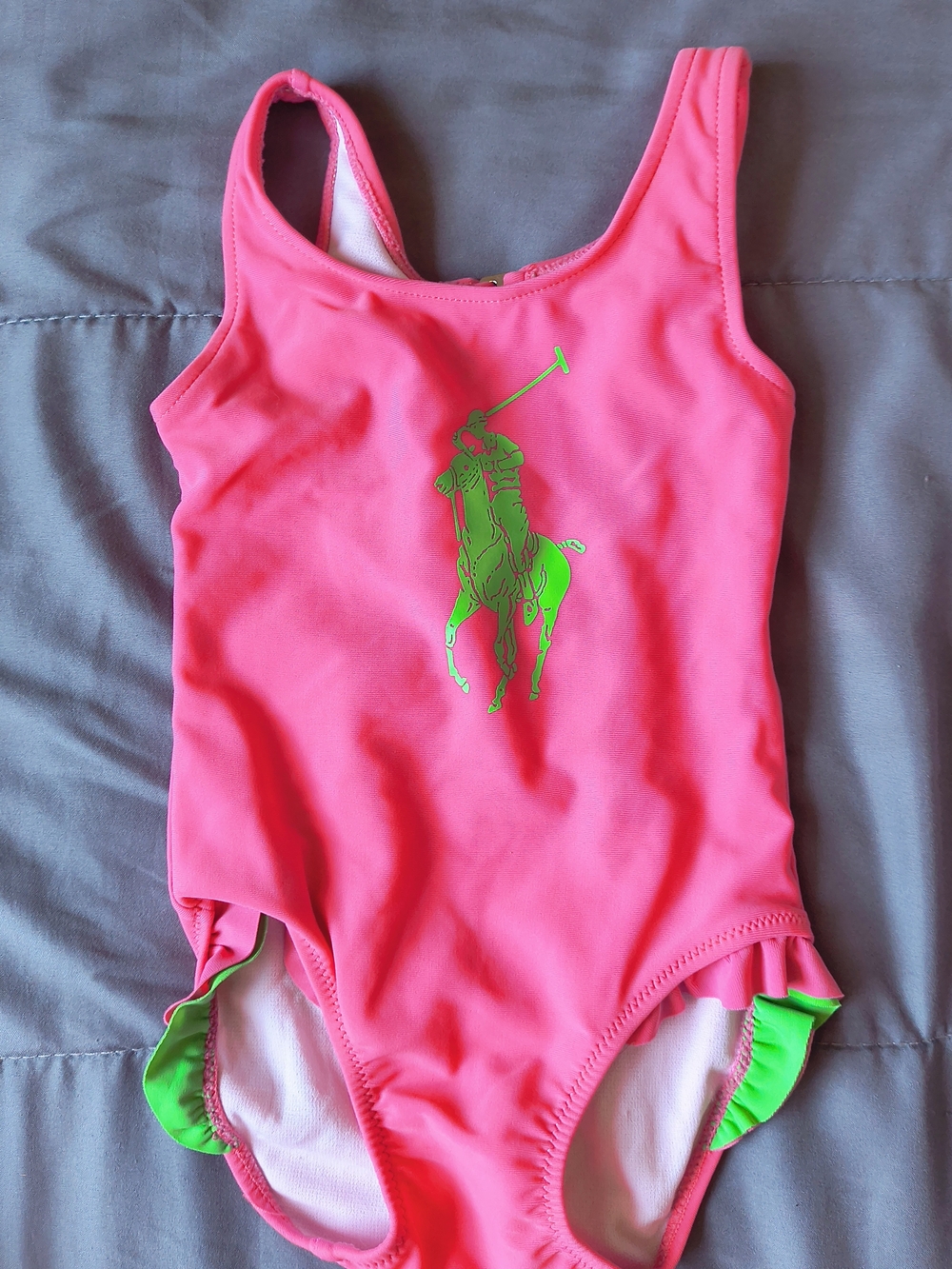 Ralph Lauren Girls' Hot Pink One-Piece Swimsuit with Green Polo Logo